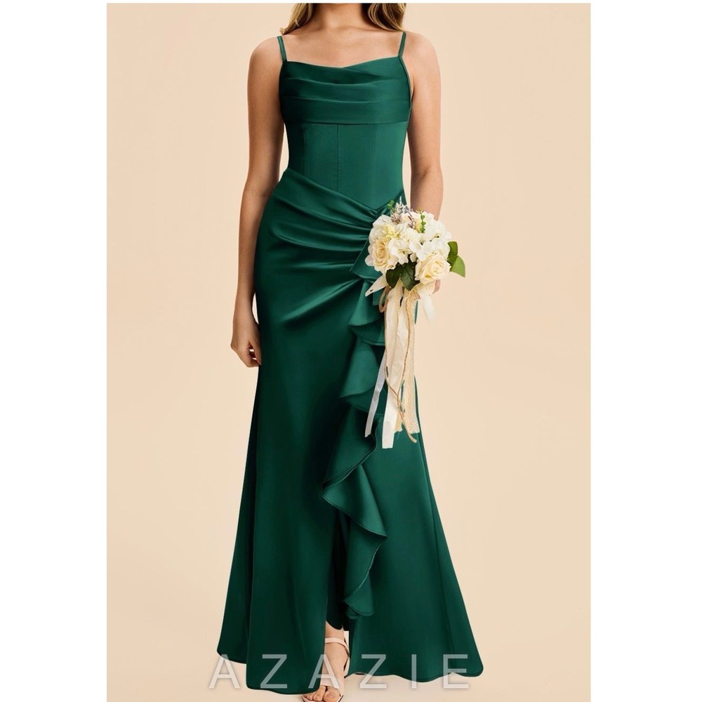 Azazie Rosalia Junior Bridesmaid Dress Green Stretch Satin Ruffle J6 Pageant